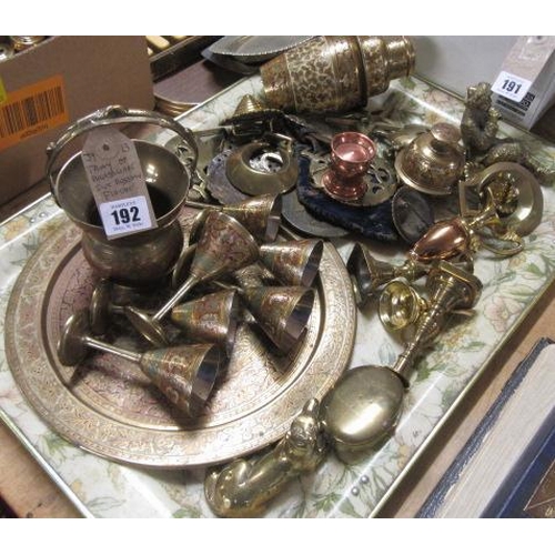 192 - TRAY OF BRASS INCLUDING RUSSIAN FIGURE