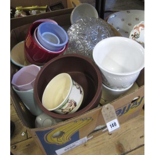 140 - BOX OF PLANT POTS AND GLASS
