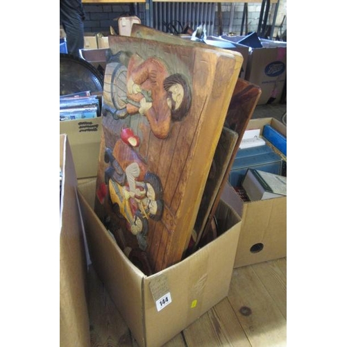 144 - BOX OF WOODEN PICTURES AND PLATES