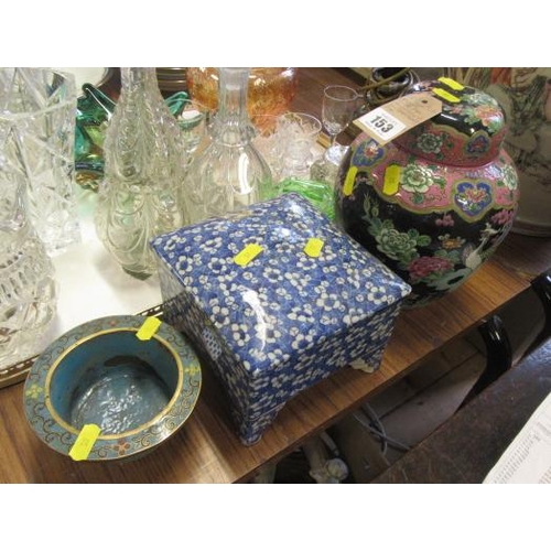 153 - ORIENTAL FOOTED DISH, VASE WITH LID AND CLOISONNE DISH