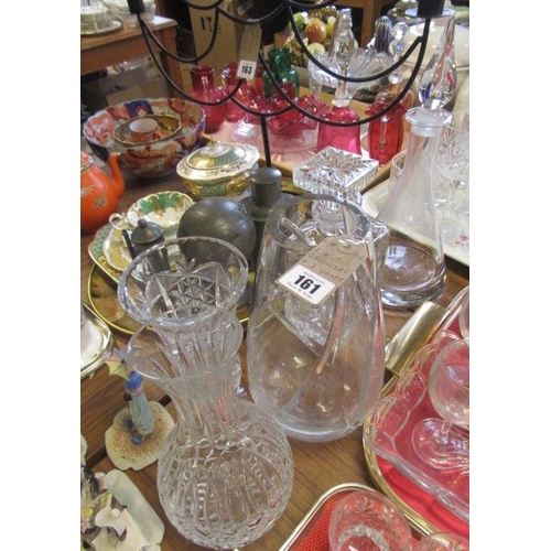 161 - TWO DECANTERS AND THREE VASES