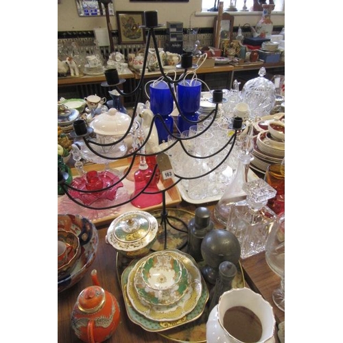 163 - TRAY OF CERAMICS WITH PEWTER AND CANDLE HOLDER