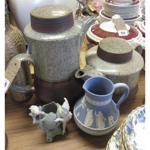 179 - TWO LIDDED JUGS, WEDGWOOD JUG AND ANOTHER