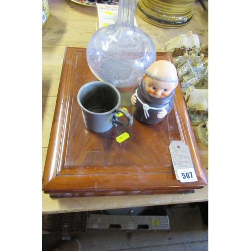 507 - BOXED CUTLERY   PEWTER MUG    DECANTER AND MONK POT