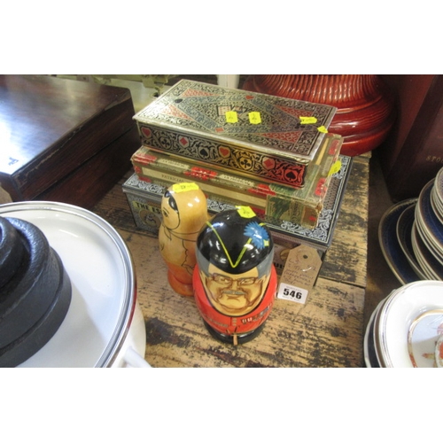 546 - THREE TINS WITH PENCIL SHARPENERS AND RUSSIAN DOLLS