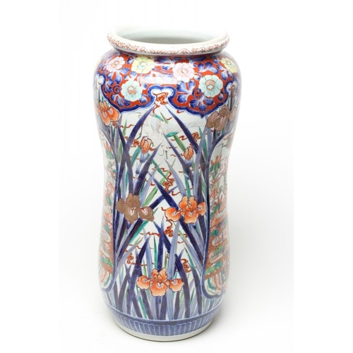 1 - AN IMARI PORCELAIN STICK STAND of slightly waisted cylindrical form painted in typical palette with ... 