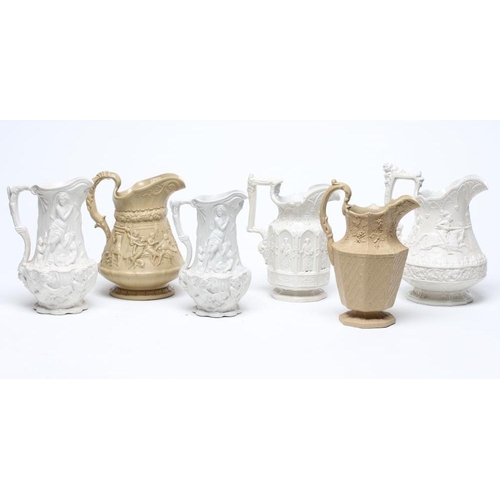 15 - A COLLECTION OF SIX EARLY VICTORIAN SMEAR GLAZED STONEWARE JUGS, comprising a Charles Meigh 