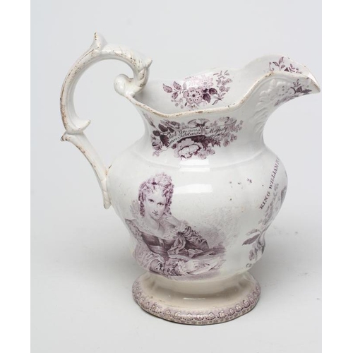 18 - OF ROYAL INTEREST - a pottery jug of lobed baluster form printed in underglaze lilac with a half len... 