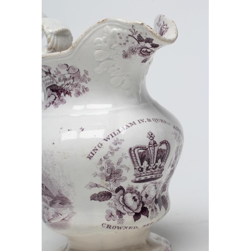 18 - OF ROYAL INTEREST - a pottery jug of lobed baluster form printed in underglaze lilac with a half len... 