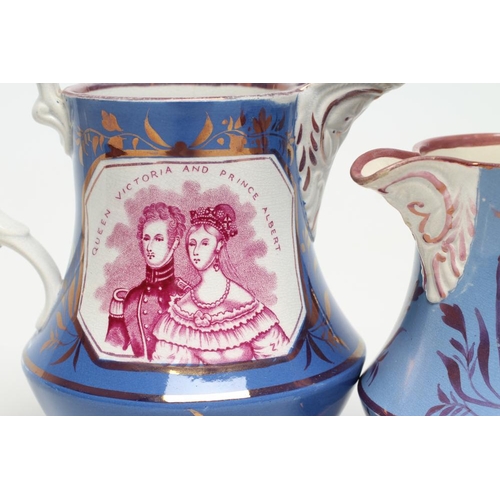 19 - OF ROYAL INTEREST - two graduated pearlware jugs of baluster form each on-glaze printed in puce with... 