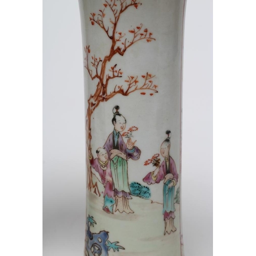 3 - A PAIR OF CHINESE PORCELAIN VASES of waisted cylindrical form painted in coloured enamels with panel... 