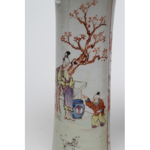 3 - A PAIR OF CHINESE PORCELAIN VASES of waisted cylindrical form painted in coloured enamels with panel... 