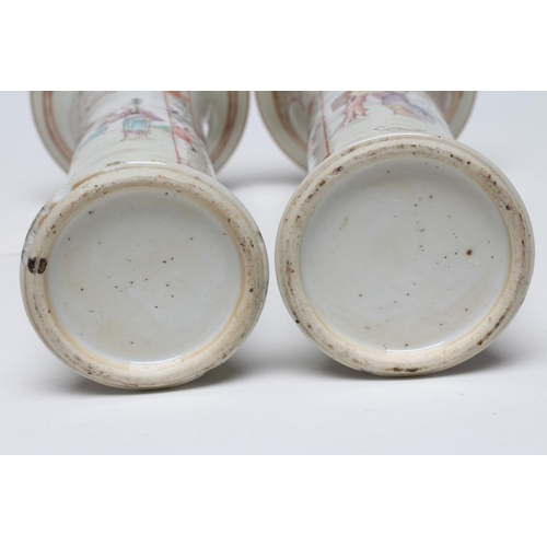 3 - A PAIR OF CHINESE PORCELAIN VASES of waisted cylindrical form painted in coloured enamels with panel... 