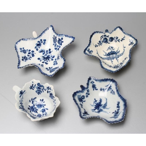 35 - TWO FIRST PERIOD WORCESTER PORCELAIN LEAF SHAPED PICKLE DISHES, c.1765, both painted in underglaze b... 