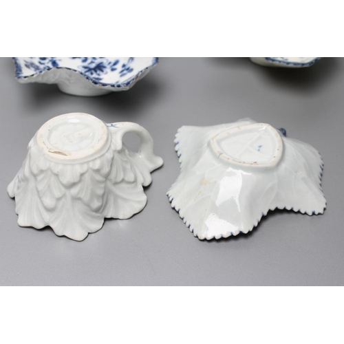 35 - TWO FIRST PERIOD WORCESTER PORCELAIN LEAF SHAPED PICKLE DISHES, c.1765, both painted in underglaze b... 