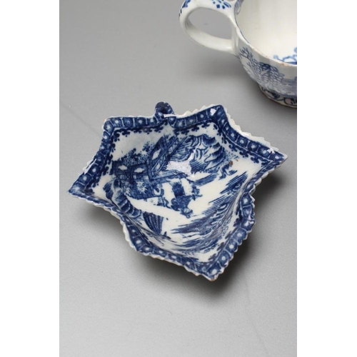 37 - A BOW PORCELAIN BUTTERBOAT, c.1765, of ribbed oval form painted in underglaze blue with the 