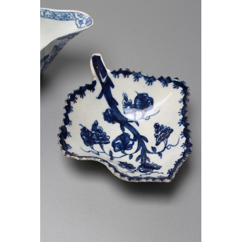 37 - A BOW PORCELAIN BUTTERBOAT, c.1765, of ribbed oval form painted in underglaze blue with the 