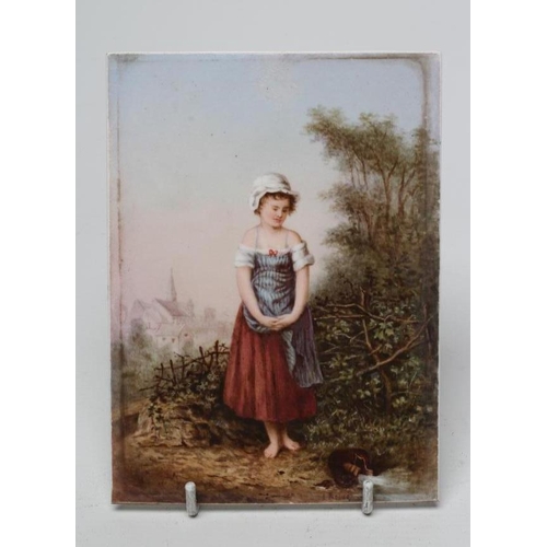 45 - AN ENGLISH PORCELAIN PLAQUE, possibly Derby, painted in sombre colours by James Rouse, with a young ... 