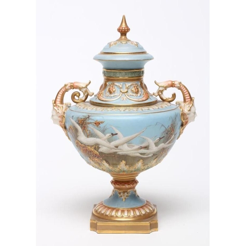 50 - A LATE VICTORIAN ROYAL WORCESTER PORCELAIN VASE AND COVER, 1899, of circular form with swept shoulde... 