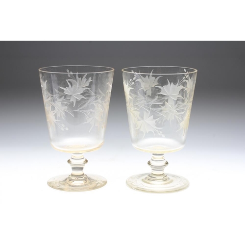 73 - A PAIR OF LATE VICTORIAN LARGE GOBLET VASES, the plain flared cylindrical bowls cut and etched with ... 