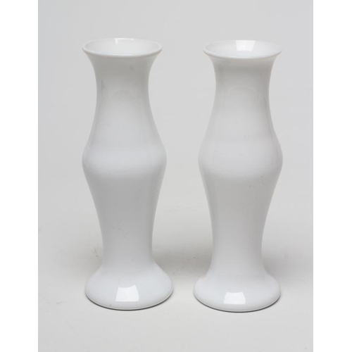 74 - A PAIR OF SOUTH STAFFORDSHIRE OPAQUE WHITE VASES, mid 18th century, of bellied cylindrical form on a... 