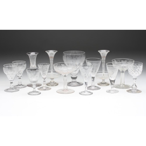 77 - A COLLECTION OF GEORGIAN AND LATER WINE, CORDIAL AND OTHER GLASSES, mainly with etched or cut decora... 