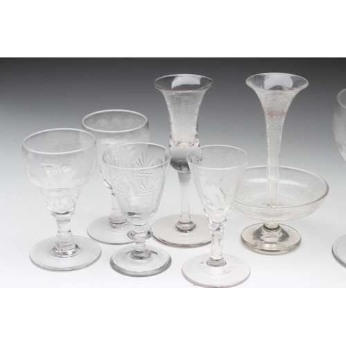 77 - A COLLECTION OF GEORGIAN AND LATER WINE, CORDIAL AND OTHER GLASSES, mainly with etched or cut decora... 