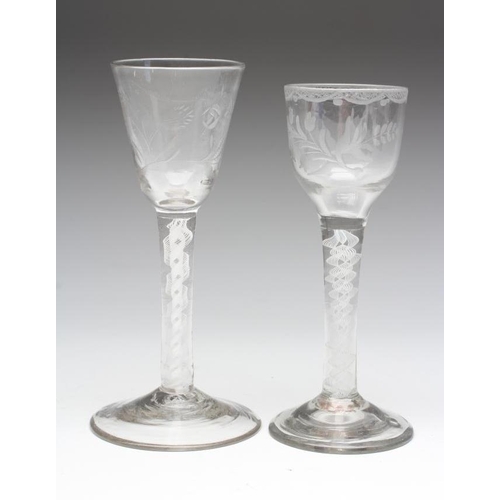 82 - TWO CORDIAL GLASSES, late 18th century, one with double spiral opaque twist stem, 5 1/2