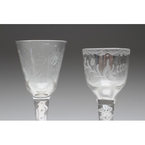 82 - TWO CORDIAL GLASSES, late 18th century, one with double spiral opaque twist stem, 5 1/2