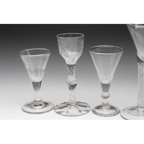 83 - FOUR CORDIAL GLASSES, late 18th century, three with flute moulded conical bowls, one plain with fold... 