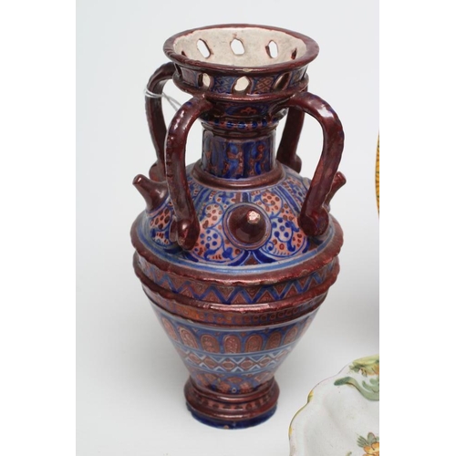 9 - A COLLECTION OF CANTAGALLI MAIOLICA, comprising an Hispano Moresque style four handled vase, 7 3/4