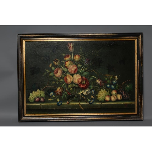 437 - AFTER 17TH CENTURY DUTCH/FRENCH SCHOOL (20th Century), Still Life with Flowers on a Ledge, oil on bo... 