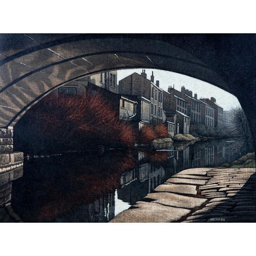 455 - STUART WALTON (b.1933), Autumnal Canal Scene, Leeds(?), oil on board, signed and dated (19)84, 24