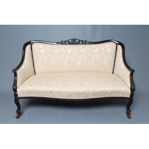 745 - A VICTORIAN MAHOGANY SHOW WOOD TWO SEATER SOFA, upholstered in champagne silk damask, the padded bac... 