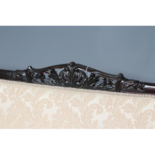 745 - A VICTORIAN MAHOGANY SHOW WOOD TWO SEATER SOFA, upholstered in champagne silk damask, the padded bac... 