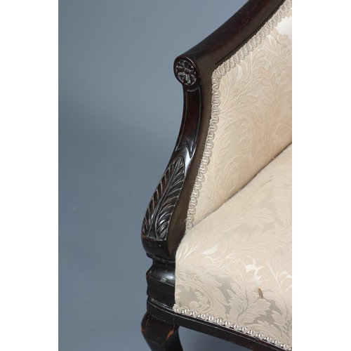 745 - A VICTORIAN MAHOGANY SHOW WOOD TWO SEATER SOFA, upholstered in champagne silk damask, the padded bac... 