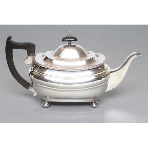 106 - A TEAPOT, maker Carringtons, London 1937, of plain rounded oblong baluster form, with everted gadroo... 
