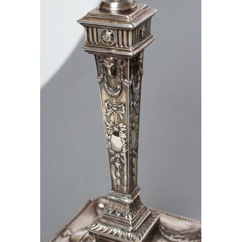 112 - A PAIR OF LATE VICTORIAN NEO CLASSICAL STYLE CANDLESTICKS, maker Martin, Hall & Co., London 1893, wi... 