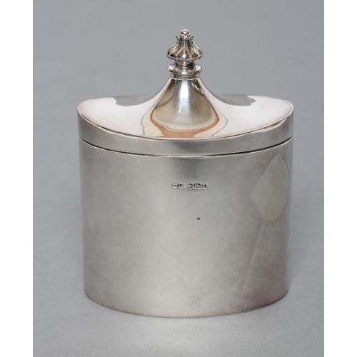 119 - AN EDWARDIAN TEA CANISTER, maker Dixon & Sons, Sheffield 1909, of plain oval form, the hinged swept ... 