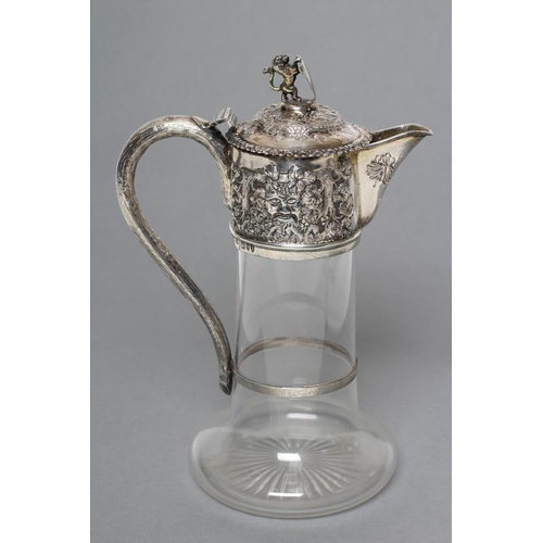 128 - A LATE VICTORIAN GLASS CLARET JUG, maker Charles Boyton, London 1894, of cylindrical form with swept... 