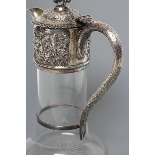 128 - A LATE VICTORIAN GLASS CLARET JUG, maker Charles Boyton, London 1894, of cylindrical form with swept... 
