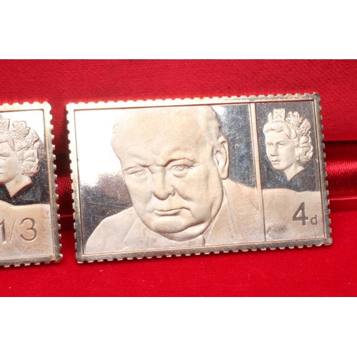 140 - TWO ELIZABETH II 18CT GOLD WINSTON CHURCHILL REPLICA POSTAGE STAMPS, Nos. 2981 (3/6) and 2967 (3d) o... 