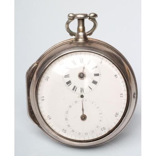 155 - A GEORGE III SILVER PAIR CASED POCKET WATCH, London 1786, the white enamel dial with minute chapter ... 