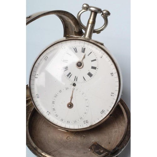 155 - A GEORGE III SILVER PAIR CASED POCKET WATCH, London 1786, the white enamel dial with minute chapter ... 