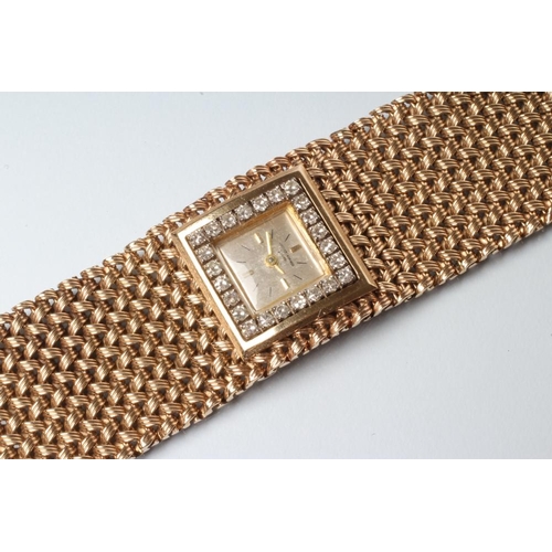 157 - A LADY'S 9CT GOLD AND DIAMOND JAQUET-GIRARD COCKTAIL WATCH, the square silvered dial with applied gi... 