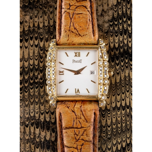 158 - A LADY'S 18CT GOLD AND DIAMOND PIAGET WRISTWATCH, the square white dial with applied gilt metal bato... 