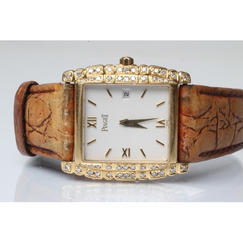 158 - A LADY'S 18CT GOLD AND DIAMOND PIAGET WRISTWATCH, the square white dial with applied gilt metal bato... 