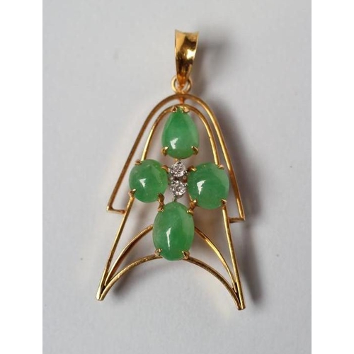 159 - A MODERN PENDANT, the rounded open arrowhead claw set with four cabochon polished small jade beads c... 