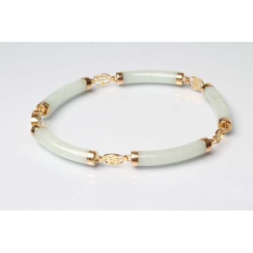 210 - A JADEITE BRACELET, the five slightly curved cylindrical polished panels with Chinese character link... 