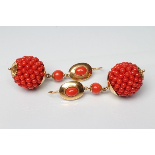 217 - A PAIR OF CORAL EAR BOBS, the beaded spheres with yellow metal mounts on shepherd's crook hooks, unm... 